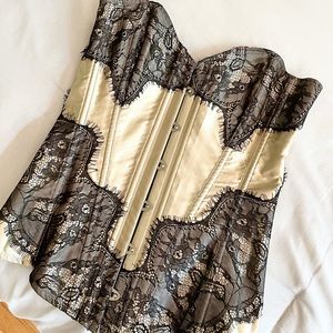 Adore Me Champagne/Gold Silk & Black Lace Corset